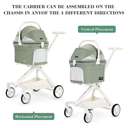 TT Lightweight Pet Stroller for Small Dog&Cat,One-Hand-Fold Pet Travel Stroller with Canopy and Cup Holder, 4-Way Convertible Carrier.Green