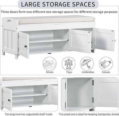 Storage Bench with 3 Shutter-Shaped Doors, Pine Wood Shoe Bench with Removable Cushion and Hidden Storage Space for Living Room, Entryway 43.5" L x 16" W x 18" H (White)