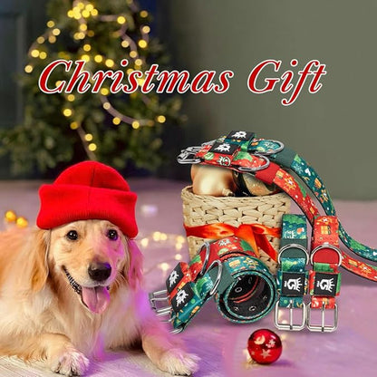 TSPRO Tactical Dog Collar 1.5 Inch Wide Thick Dog Collars with Heavy Duty Metal Buckle, Durable, Strong, Adjustable for Medium to Large Dogs (Christmas Green L)