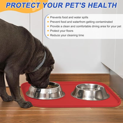 Silicone Pet Feeding Mat with Raised Edge for Food and Water, Dog Bowl Mats, Cat Bowls Placemat with High Lip for Floor Waterproof, Rubber Tray for Cats and Dogs 22 x 14 x0.8 Red