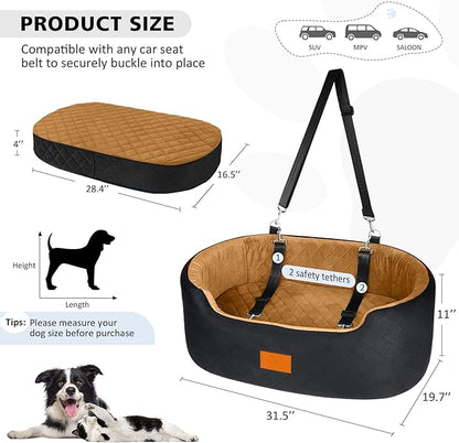Dog Car Seat for Medium & Large Dogs up to 55 lbs, Elevated Booster Seat with Anti-Slip Base, Detachable & Machine-Washable Pet Car Bed for SUV/Sedan (Black/Brown)