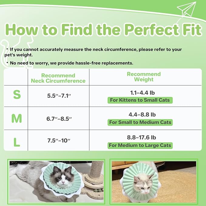 Soft Cat Cone Collar for Cats– Adjustable Lightweight Recovery E-Collar to Stop Licking, Scratching & Biting After Surgery, Comfortable Wound Healing Cone Alternative (Green, L)