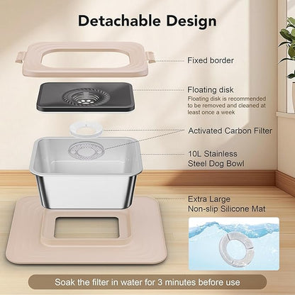 Decflow 10L Stainless Steel Dog Water Bowl, No Spill Anti-Splash Dog Bowls with XXL Silicone Mat, Spill-Proof Slow Feeder for Messy Drinkers, Heavy Duty Pet Bowls Indoor/Outdoor Use