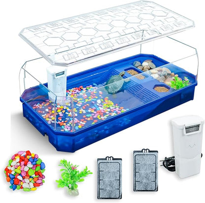 Aquatic Turtle Tank Habitat Kit Stone+Filter+Heat Lamp Enhancing Interaction with 360° Viewing, Standalone Filtration, DIY Creative Zone, Enriched Living (Blue, L[Without Light])