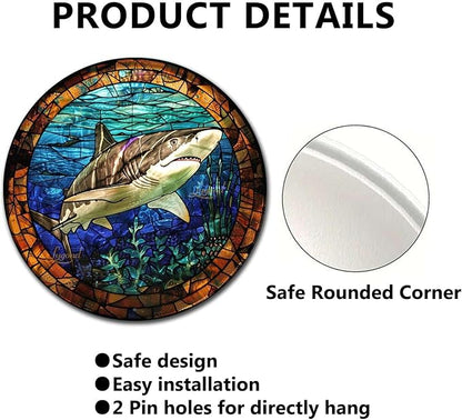 Lygond Metal Sign Tin Sign Circular Stained Glass Shark Funny Outdoor Decor for Garage 8×8 Inches