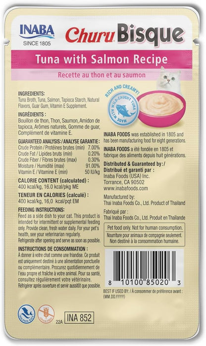 INABA Churu Bisque for Cats, Creamy Lickable Purée Side Dish with Vitamin E, 1.4 Ounces per Pouch, 12 Pouches, Tuna with Salmon Recipe