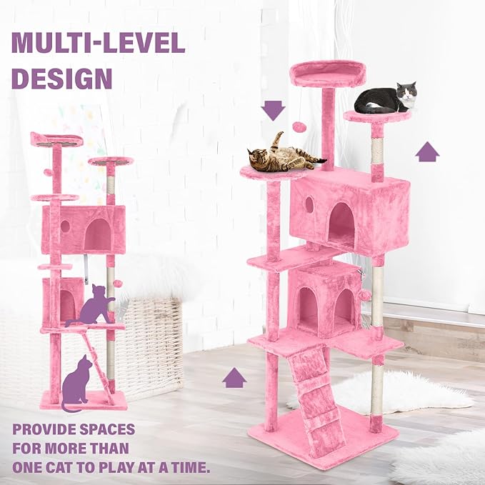 70" Pink XL Cat Tower for Indoor Cats – Multi-Level Condo with Scratching Posts & Hanging Toys