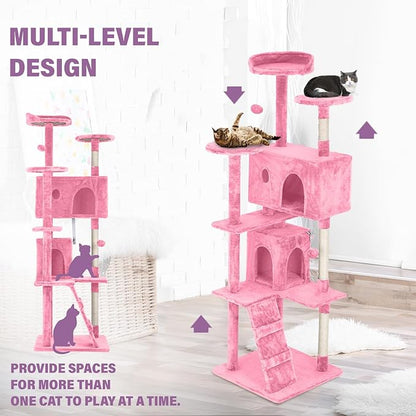 70" Pink XL Cat Tower for Indoor Cats – Multi-Level Condo with Scratching Posts & Hanging Toys