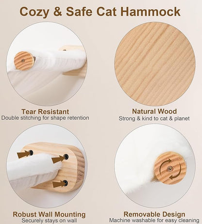 Cat Wall Shelves with 1 Floating Fabric Hammock, 2 Ladders with 4 Steps Each & 1 Flat Cat Shelf, Wall Mounted Bed Furniture & Climber, Indoor Playground