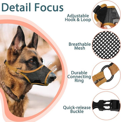 LUCKYPAW Dog Muzzle, Mesh Muzzle for Large Medium Small Dogs, Soft Mouth Guard for Biting Chewing, Breathable Mouth Guard with Adjustable Strap for Training(Brown, M(Snout:8.75"-9.5"))
