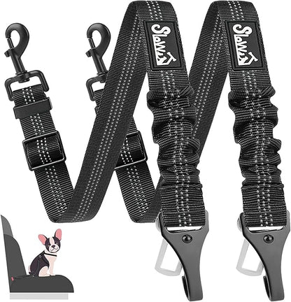 SlowTon Dog Seat Belt, Adjustable Dog Safety Belt Leash, 2 in 1 Latch Bar Attachment Dog Car Seatbelt with Elastic Nylon Bungee Buffer, Reflective Nylon Belt Tether Connect to Dog Harness (2Black)