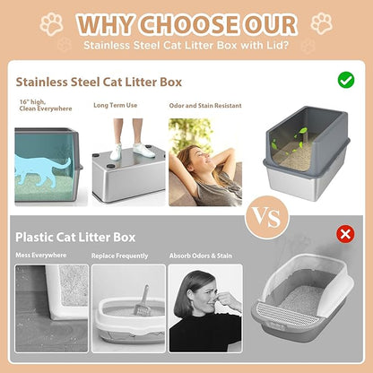Large Stainless Steel Litter Box with Lid, High Sides, 16" Metal Cat Litter Box, Extra Large Litter Boxes for Big Cats, Tall Cat Litter Pan, Grey, Easy Clean