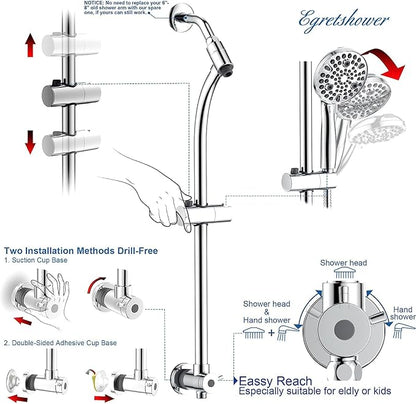 High Pressure Handheld/Rain 82-mode 3-way Shower Head Combo with 25.75" Adjustable Drill-free Stainless Steel Slide Bar, Pet & Tub Power Wash and Anti-clog Nozzles, with 5ft Hose - Polished Chrome