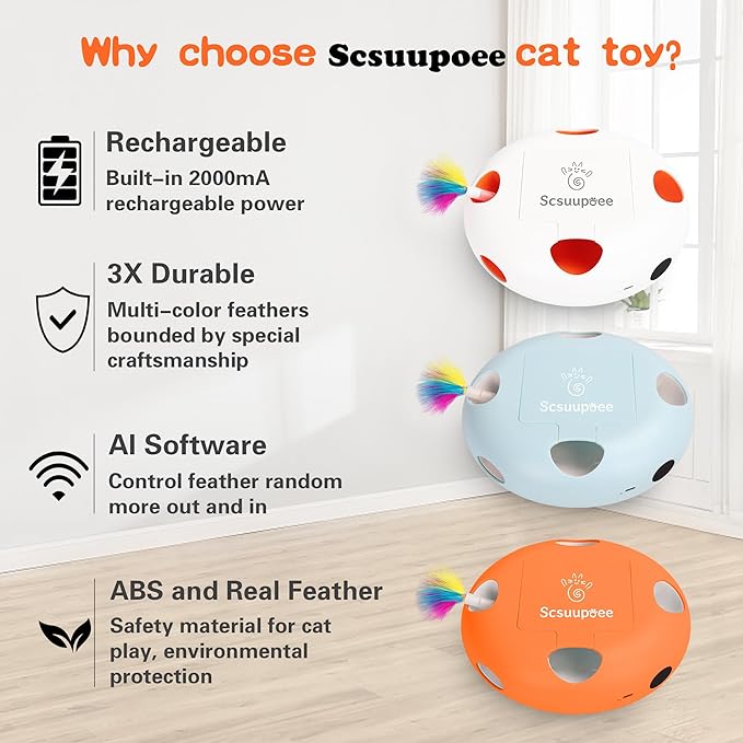 IInteractive Cat Toy, Electric Cat Toys for Moving Concealed Feathers, Smart Sensor 7 Holes Whack a Mole Feather Toy, USB Charge Automatic Kitten Toys,Blue