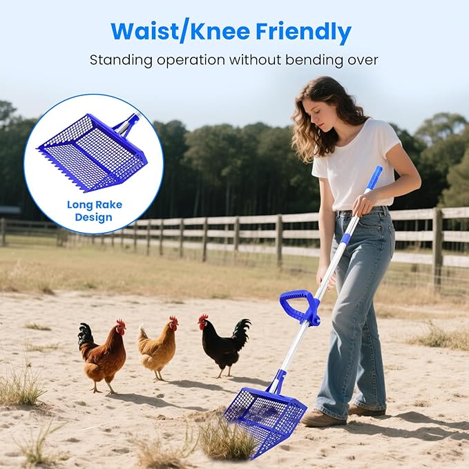 Chicken Poop Scooper Rake 2-in-1, Metal Shovel Head Chicken Coop Accessories, Adjustable 304 Stainless Steel Handle, Litter Scooper Sand Sifting for Chicken Coops Small Farm Animals(36" to 62")