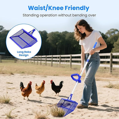 Chicken Poop Scooper Rake 2-in-1, Metal Shovel Head Chicken Coop Accessories, Adjustable 304 Stainless Steel Handle, Litter Scooper Sand Sifting for Chicken Coops Small Farm Animals(36" to 62")