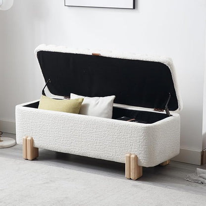 Kmax 45" Storage Bench Faux Fur Entryway Bench Upholstered Ottoman Bench with Wavy Top & Safty Hinge for Bedroom Living Room Hallway, White