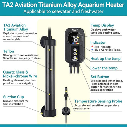 hygger Marine Aquarium Heater 50W 100W 200W 300W 500W,Titanium Heater with Temperature Calibration,Digital LED Controller,Temperature Probe,Submersible Fish Tank Heater for Saltwater Freshwater Tank