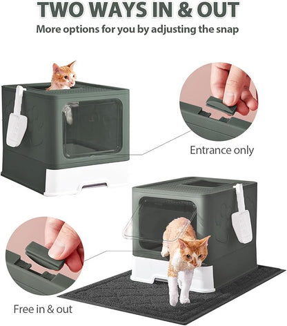 Cat Litter Box with X-Large Litter Mat and Scoop, Large Foldable Litter Box with Lid, Enclosed Kitty Box,Front Top Entry Exit, Odor Control Easy to Clean (Upgrade Olive Green)