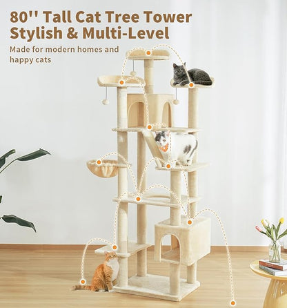 Made4Pets Tall Cat Tree, 80" Cat Tree Tower for Indoor Cats Large Adult, Modern Cat Tower with Scratching Post, Cozy Hammock, 3 Perches and 2 Condos, Sturdy and Fluffy, Beige