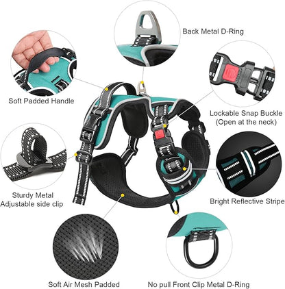 Timos No Pull Dog Harness, Release at Neck Reflective 3 Snap Buckles Adjustable No Choke Pet Vest with Front & Back 2 Leash Clips, Soft Padded Control Training Handle for Small Medium Large Dogs
