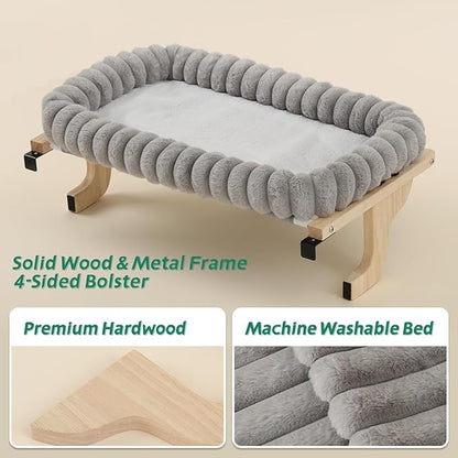 Cat Perch for Window Sill with 4-Sided Bolster - Orthopedic Cat Window Hammock - Solid Hardwood & Metal Frame - Window Seat for Pets (Natural Color Wood w/Gray Bed, Medium)