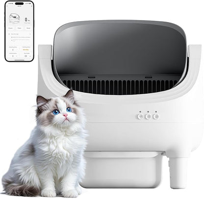 Greesum Automatic Self-Cleaning Litter Box for Cats - Open-Top Design, Easy Odor Control, Smart APP Control, 15L Large Waste Bin, Includes Trash Bags & Mat (Grey)