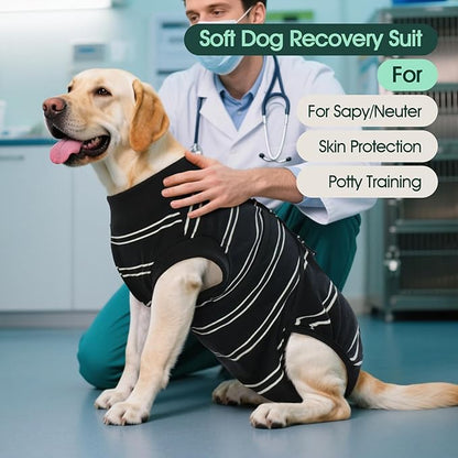 Kuoser Dog Surgery Recovery Suit for Female Male Dogs, Stripes Spay Neuter Anti-Licking Dog Onesie, Surgical Suit Snugly Pet Post Surgery Vest Bodysuit for Abdominal Wounds Skin Disease, Black L