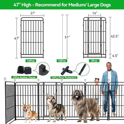 Dog Playpen Outdoor 16 Panels Heavy Duty Dog Fence 47" Height with Thick Pipe Anti-Rust with Doors Portable for RV Camping Yard, Total 36FT, 103 Sq.ft, Snowy Black
