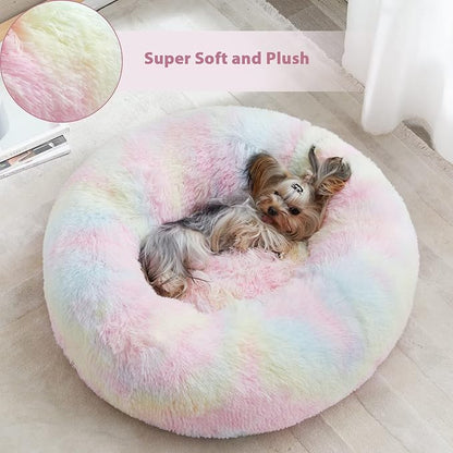 WNPETHOME Calming Dog Bed Cat Bed Donut, Faux Fur Pet Bed Self-Warming Donut Cuddler, Comfortable Round Plush Dog Beds (24 x 24 x 8 Inch, Rainbow)