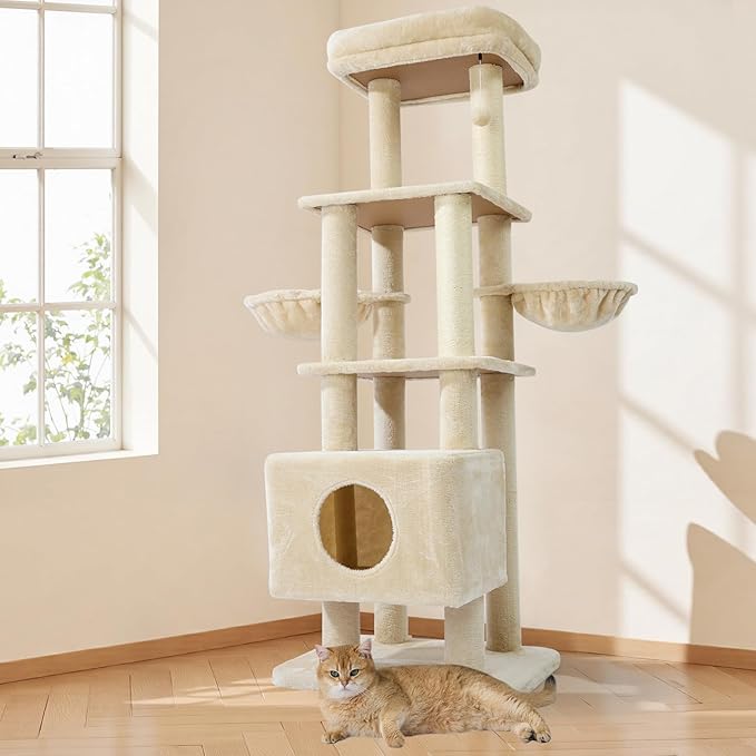 Gardner Pet 65in Heavy Duty Cat Tree Tower for Large Cats, Multi-Level Cat Furniture with Replaceable Sisal Scratching Post, Hammock | Extra-Large Platform & Condo (Beige)