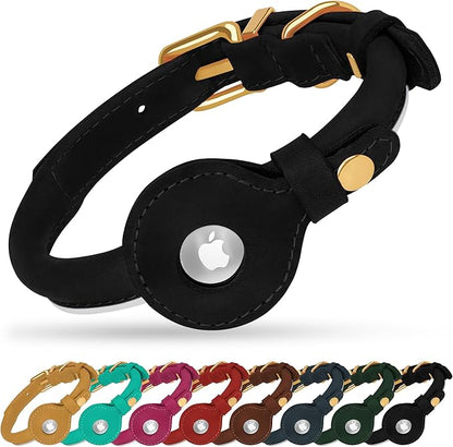 OOPSDOGGY Rolled Leather Dog Collar with Airtag Holder - Reflective Round Airtag Dog Collar - Soft Tracking Pet Collar for Small Dogs Puppy Cats Kitten (Black, L, 14"-18")