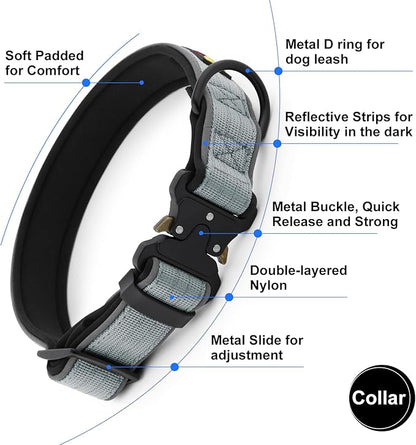 Plutus Pet Tactical Dog Collar, Reflective, Adjustable Heavy Duty Dog Collar, Soft Padded and Comfortable, for Small Medium and Large Dogs (Gray, XL)
