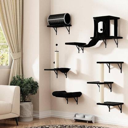 NUNU LAB Wall Mounted Cat Furniture, 7 Pcs Cat Wall Shelves with House, Tunnel, Bridge, Steps, Scratcher, Hammock, Bed, Indoor Safe & Stable Furniture for Kittens Play, Black