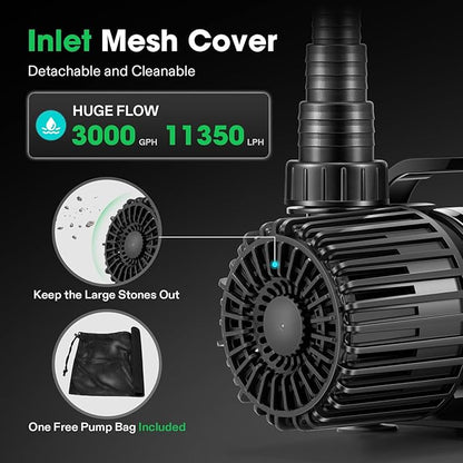 VIVOSUN 3000 GPH Submersible Water Pump with Barrier Bag, 150W Pond Pump, Ultra Quiet Aquarium Pump with 15FT. Lift Height for Pond, Waterfall, Fish Tank, Statuary, Hydroponic
