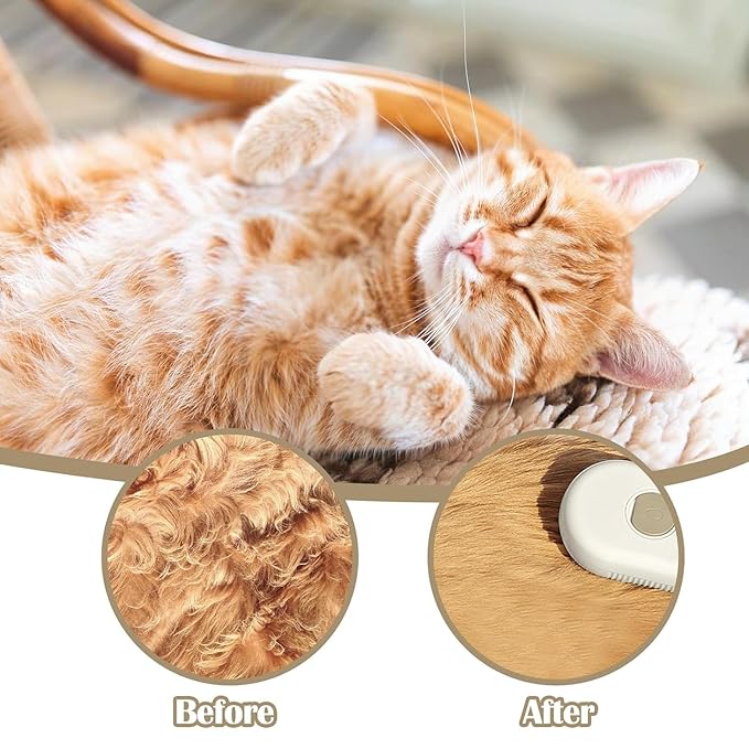 Cat Steam Brush - 5 In1 Grooming Kit for Cats and Dogs Silicone Massage Tool - Stainless Steel Nail Scissors - Hair Detangling Comb - Water Spray Rechargeable Shedding Wash-Free Essence (White)