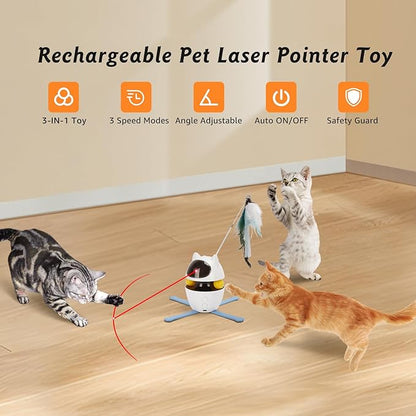 Nobleza 3-in-1 Cat Laser Toy with Feather Trackball, Rechargeable Pet Interactive Pointer Red Light Game, 3 Modes Random Trajectory Motion Activated Boredom Buster for Cat Self Play Home Indoor