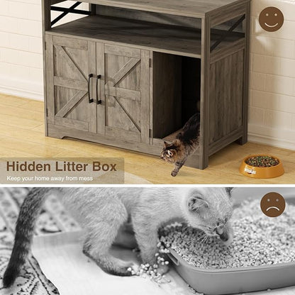 Cat Litter Box Enclosure, Hidden Litter Box Furniture with Scratch Pad, Farmhouse Indoor Cat House Washroom End Table, Grey