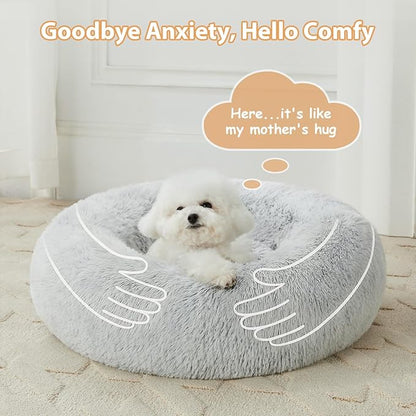 WNPETHOME Calming Dog Bed Cat Bed Donut, Faux Fur Pet Bed Self-Warming Donut Cuddler, Comfortable Round Plush Dog Beds (27 x 27 Inch, Light Grey)