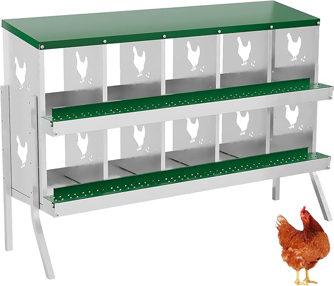 10 Hole Chicken Nesting Box with Roll Out Egg Tray, Rustproof & Ventilated Chicken Laying Boxes for Hens, Chickens, Ducks | Easy-Clean Poultry Coop Accessories, Green with Stand