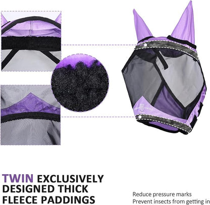Harrison Howard Pro Luminous Horse Half Face Fly Mask Large Eye Space with Ears UV Protection for Horse Gentle Lavendar M
