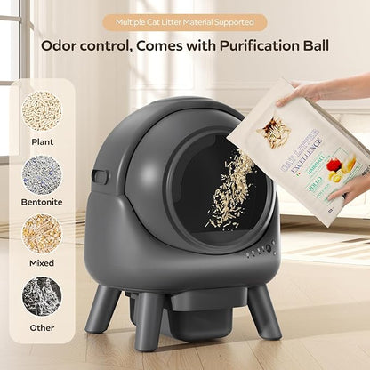 Self Cleaning Litter Box,Automatic Cat Litter Box for Multiple Cats,Robot with APP Control,Smart Dual Safety Protection,Odor-Free Waste Disposal Includes Trash Bags,Grey S20