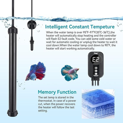 hygger Aquarium Heater 300W,Titanium Heater with Digital LED Controller and Temperature Probe,Submersible Fish Tank Heater with Temperature Calibration,for Saltwater & Freshwater Fish Tank 50-60Gallon