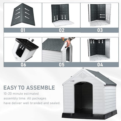 LEMBERI Durable Waterproof Plastic Dog House for Small to Large Sized Dogs, Indoor Outdoor Doghouse Insulated Puppy Shelter with Elevated Floor, Easy to Assemble (Gray, 34''L*31''W*32''H)