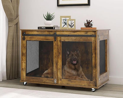 LINLUX 47 Inch Large Dog Crate Furniture, Wooden Heavy Duty XL Dog Kennel Indoor, Decorative Dog Cage Table for Large Dogs, with Sliding Doors, Wheels and Flip-top Plate, Rustic Brown