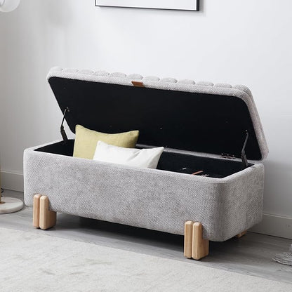 Kmax 45" Storage Bench Velvet Entryway Bench Upholstered Ottoman Bench with Wavy Top & Safty Hinge for Bedroom Living Room Hallway, Grey