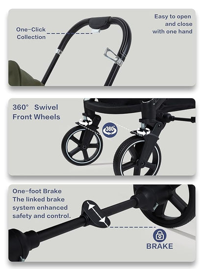 JK Pawadore 4 Wheels Pet Stroller Best Lightweight Foldable Portable Secure Easy Lock NO-Zip 180 ̊ Canopy Sun Shades Waterproof for Small/Medium Dogs 33lbs with Large Storage Basket (Khaki)