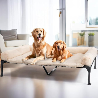 Veehoo Cooling Elevated Dog Bed with Fluffy Plush Bolster Cushion, Indoor Raised Dog Beds for Large Dogs, Soft Pet Sofa Cot with Removable Washable Mat, No-Slip Feet, 59 x 37 inches, Cream White