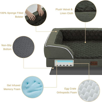 Orthopedic XL Dog Bed for Extra Large Dogs, Waterproof Memory Foam Dog Beds with Sides, Non-Slip Bottom and Egg-Crate Foam Big Dogs Beds with Removable Washable Cover(X-Large,Dark Green)