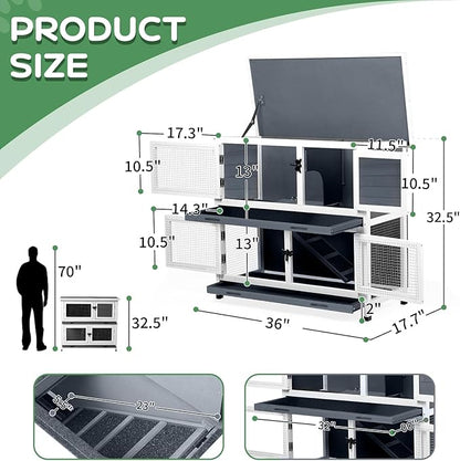 2 Story Solid Wood Rabbit/Bunny Hutch with 2 Large Main Rooms, Indoor Outdoor Rabbit House Guinea Pig Cage Pet House for Small Animals with Ventilation Door Removable Tray Waterproof Roof (Grey)